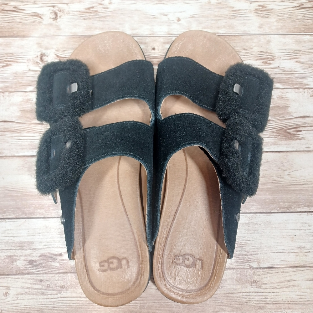 UGG Suede 2 Strap Slide On Sandals Fuzzy Buckle Women's Size 7 Black - Picture 11 of 14